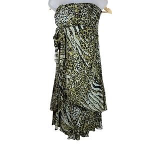NWT VTG 90s Y2K Leopard Babydoll Sleeveless Tiered 100% Silk Midi Dress Size 14